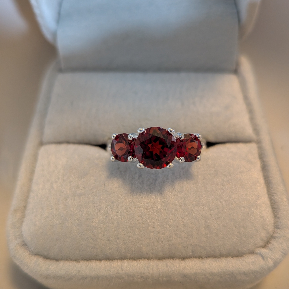 Rhodium Plated Sterling Silver Three Stone Natural Garnet Ring